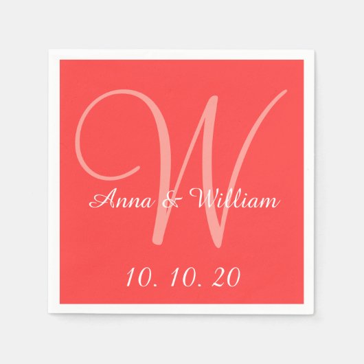 モノグラムコーラルレッドカラー結婚ズ紙ナプキンス スタンダードカクテルナプキン (正面)