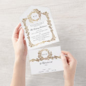 モノグラムゴールドフォイルクレストクラシックエレガントな結婚式 オールインワン招待状 (貼ってはがせる)