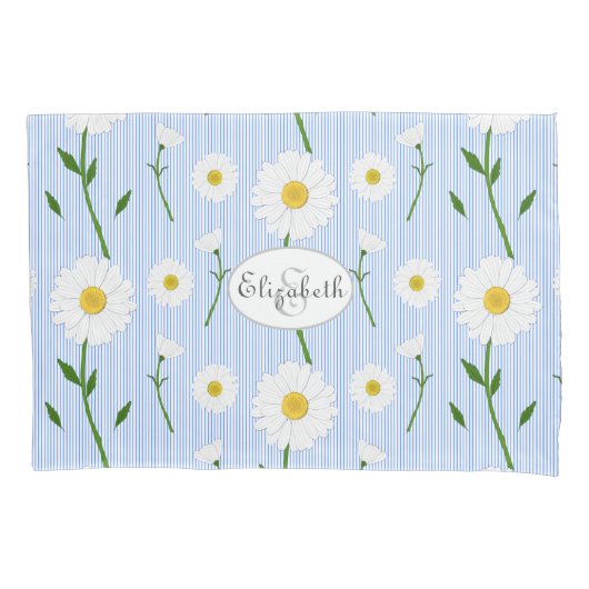 モノグラムサマーデイジーパターンライトブルーストライプ 枕カバー (正面)