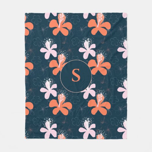 モノグラムサンゴ赤面ハイビスカスパターン フリースブランケット (正面)