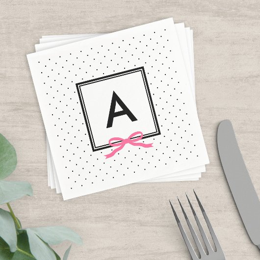 モノグラムシックピンクリボンブラック&ホワイト水玉模様 スタンダードカクテルナプキン