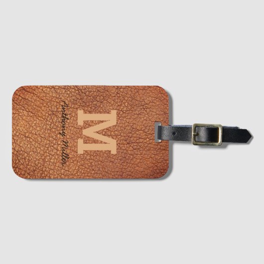 モノグラムシックブラウンレザー名スクリプトモダン ラゲッジタグ (正面横)