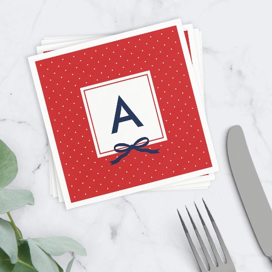 モノグラムシックブルーリボン赤と白水玉模様 スタンダードカクテルナプキン