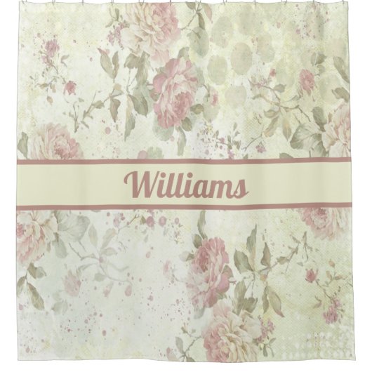 モノグラムシャビーシックピンクグリーンバラフローラ シャワーカーテン (正面)