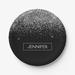 モノグラムシルバーグラムグリッタースパークルネーム ペーパープレート