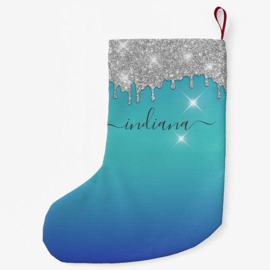 モノグラムシルバーグリッターホリデースクリプトキープサケ スモールクリスマスストッキング (裏面)