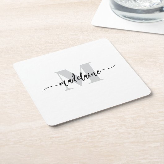 モノグラムシルバーホワイトブラックパーソナル スクエアペーパーコースター (アングル)