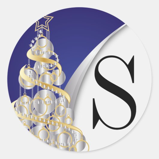 モノグラムシルバー、金ゴールド、ブルーメリークリスマス ラウンドシール (正面)