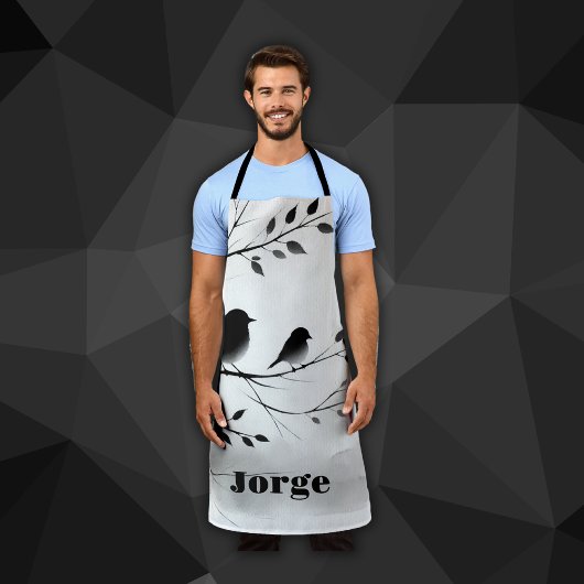 モノグラムシンプルの木の白と黒の鳥 | エプロン