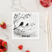 モノグラムシンプルの木の白と黒の鳥 | スタンダードカクテルナプキン (インサイチュ)