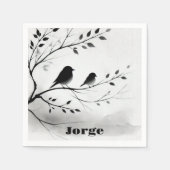 モノグラムシンプルの木の白と黒の鳥 | スタンダードカクテルナプキン (正面)