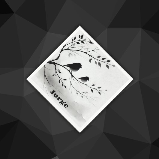 モノグラムシンプルの木の白と黒の鳥 | スタンダードカクテルナプキン