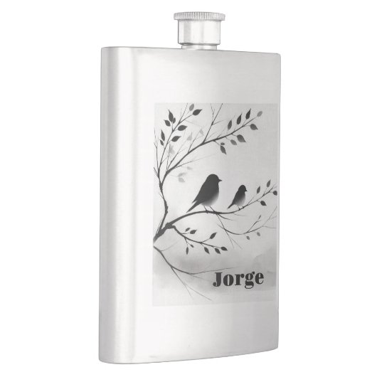 モノグラムシンプルの木の白と黒の鳥 | フラスク (右)