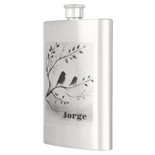 モノグラムシンプルの木の白と黒の鳥 | フラスク (左)