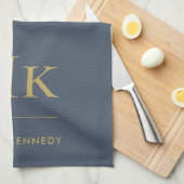 モノグラムシンプルエレガントネイビーブルー金ゴールドモノグラムの キッチンタオル (四つ折り)