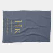 モノグラムシンプルエレガントネイビーブルー金ゴールドモノグラムの キッチンタオル (横)