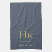 モノグラムシンプルエレガントネイビーブルー金ゴールドモノグラムの キッチンタオル (縦)