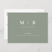 モノグラムシンプルセージ日付を保存QRアナウンスメント 案内ポストカード (正面/裏面)