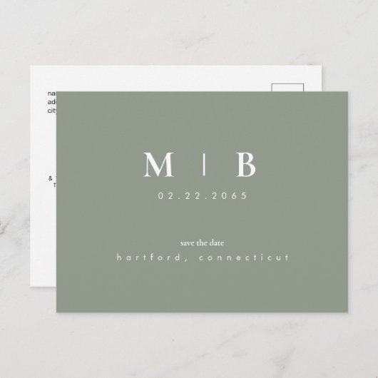 モノグラムシンプルセージ日付を保存QRアナウンスメント 案内ポストカード (正面/裏面)