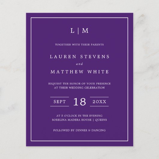 モノグラムシンプルパープルバジェット結婚式招待状 (正面)