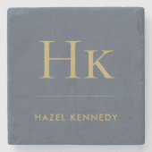 モノグラムシンプルミニマリスト名ネイビーブルー金ゴールド ストーンコースター (正面)