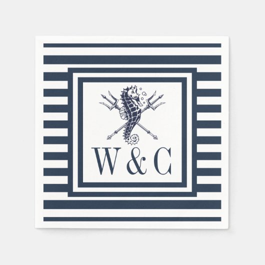 モノグラムシ航海のーホースネイビーブルーストライプル スタンダードカクテルナプキン (正面)