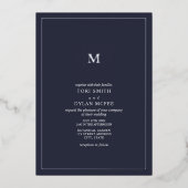 モノグラムスクエアダークブルー結婚ズフォイル招待状 箔招待状 (正面)