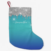 モノグラムスクリプトシルバーグリッターホリデーキープサケ スモールクリスマスストッキング (正面)
