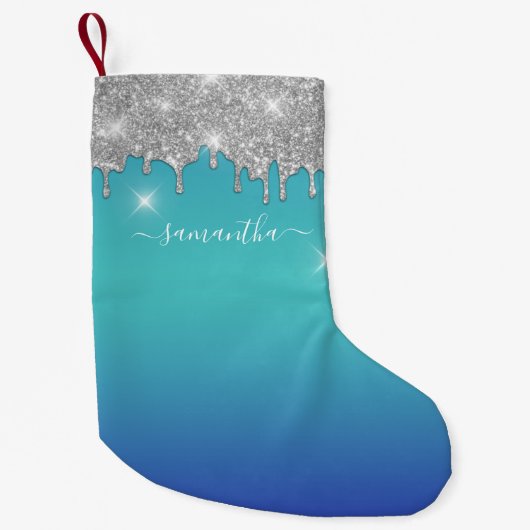 モノグラムスクリプトシルバーグリッターホリデーキープサケ スモールクリスマスストッキング (正面)