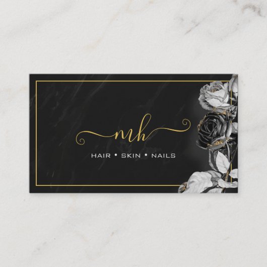 モノグラムスクリプトタイポグラフィフローラブラック&金ゴールド コーリングカード (正面)