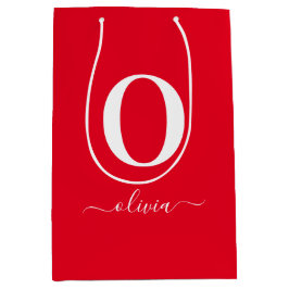 モノグラムスクリプトネーム パーソナライズ レッド アンド ホワイト ミディアムペーパーバッグ