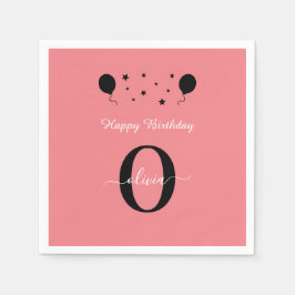 モノグラムスクリプトハッピーバースデー白黒ピンク スタンダードカクテルナプキン