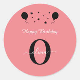 モノグラムスクリプトハッピーバースデー白黒ピンク ラウンドシール