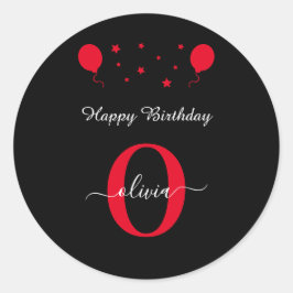 モノグラムスクリプトハッピーバースデー白黒赤 ラウンドシール