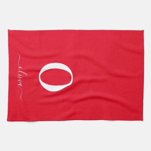 モノグラムスクリプトパーソナライズされた名赤と白 キッチンタオル (横)