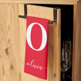 モノグラムスクリプトパーソナライズされた名赤と白 キッチンタオル