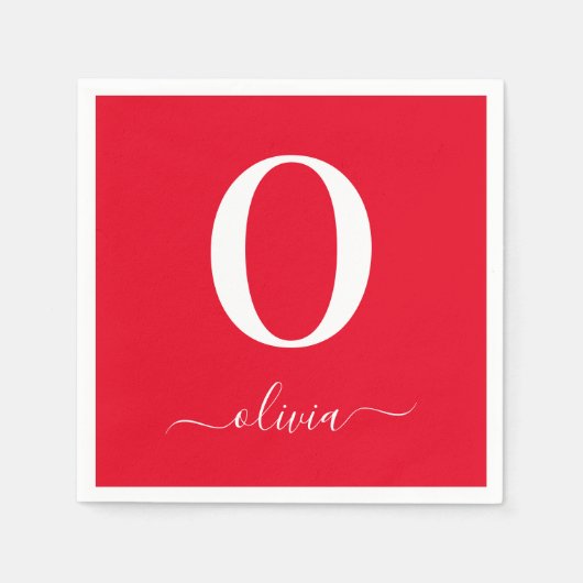 モノグラムスクリプトパーソナライズされた名赤と白 スタンダードカクテルナプキン (正面)