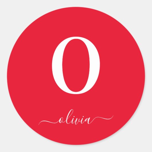 モノグラムスクリプトパーソナライズされた名赤と白 ラウンドシール (正面)