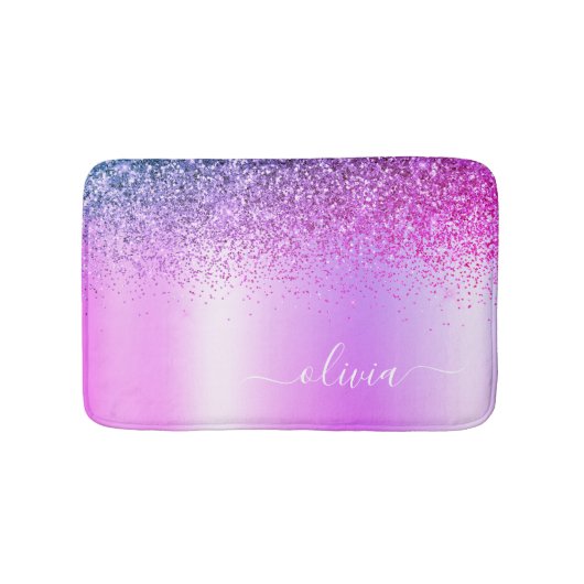 モノグラムスクリプトパープルグリッターガーリー名 バスマット (正面)