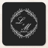 モノグラムスクリプトブランチ結婚白黒 スクエアペーパーコースター (正面)