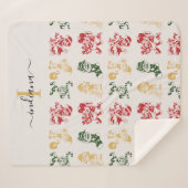 モノグラムスクリプトホリデー小人パターングリーン金ゴールド シェルパブランケット (正面(横))