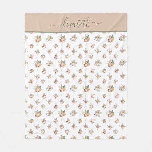 モノグラムスクリプトボホパンパスグラスピンクベージュグリーン フリースブランケット (正面)