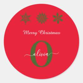 モノグラムスクリプトメリークリスマスレッドグリーンホワイト ラウンドシール
