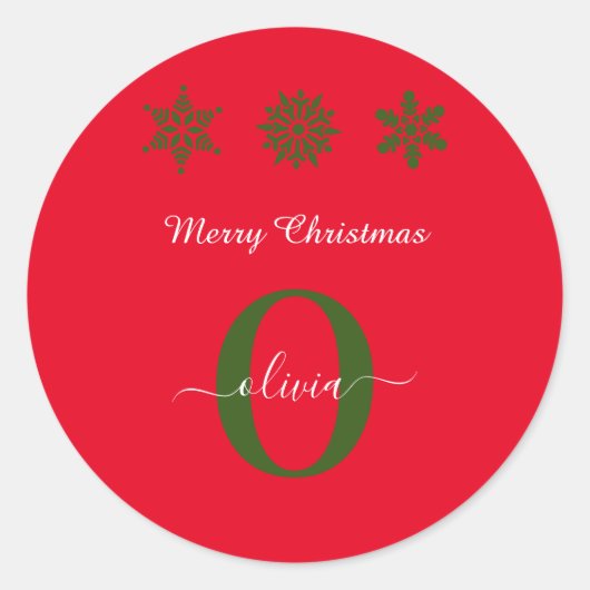 モノグラムスクリプトメリークリスマスレッドグリーンホワイト ラウンドシール (正面)