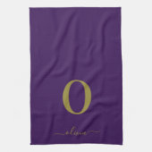 モノグラムスクリプト名パーソナライズされた紫および金ゴールド キッチンタオル (縦)