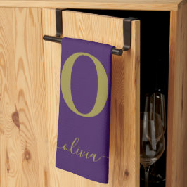 モノグラムスクリプト名パーソナライズされた紫および金ゴールド キッチンタオル