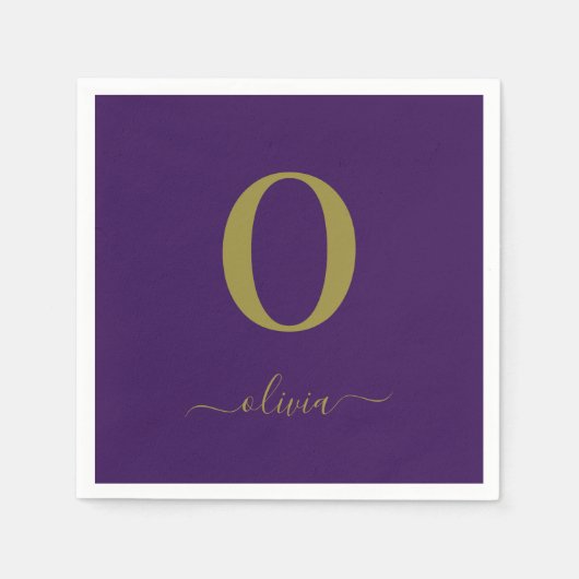 モノグラムスクリプト名パーソナライズされた紫および金ゴールド スタンダードカクテルナプキン (正面)