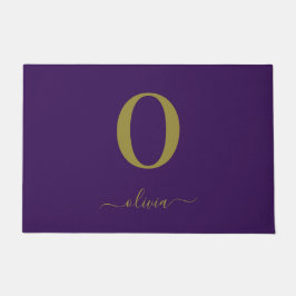 モノグラムスクリプト名パーソナライズされた紫および金ゴールド ドアマット