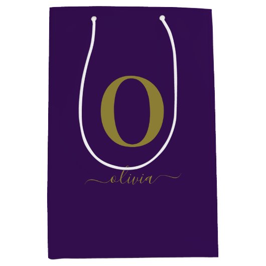 モノグラムスクリプト名パーソナライズされた紫および金ゴールド ミディアムペーパーバッグ (正面)