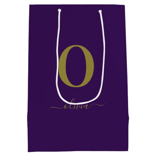 モノグラムスクリプト名パーソナライズされた紫および金ゴールド ミディアムペーパーバッグ (裏面)